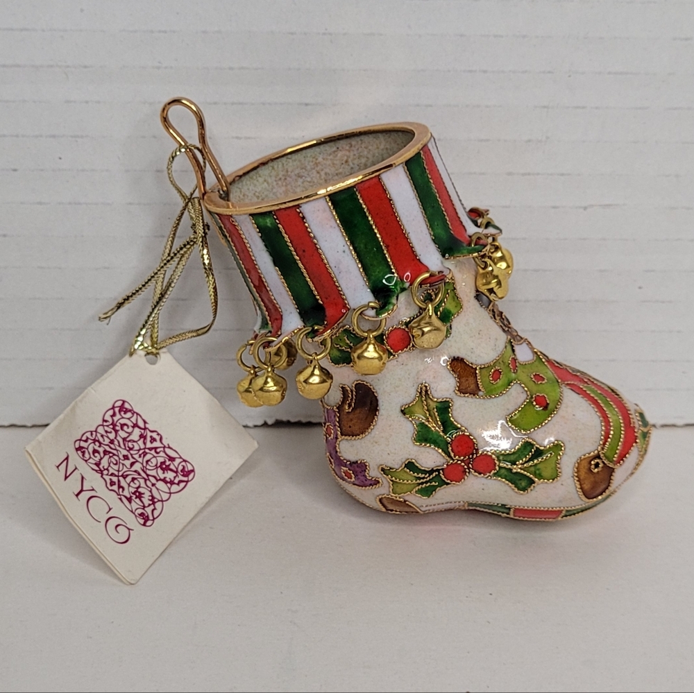 NY CO Enameled Christmas Stocking Ornament New Old Stock